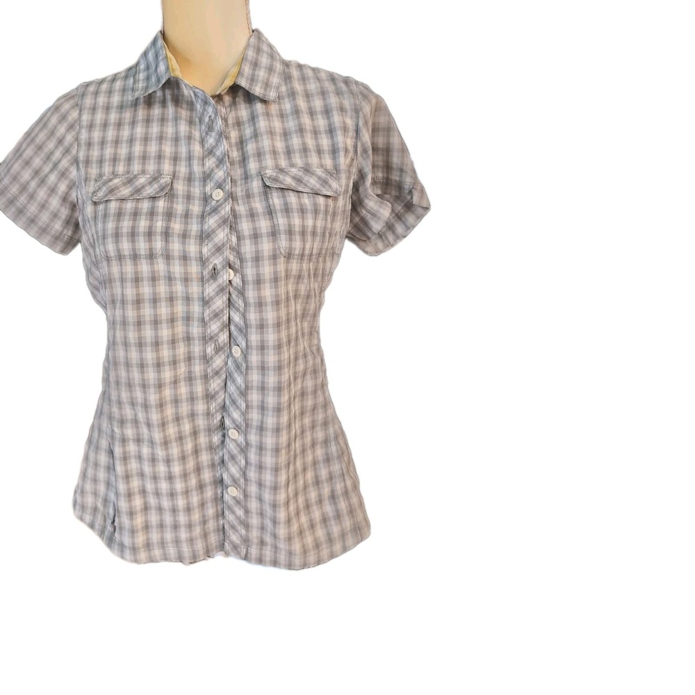 NWOT Eddie Bauer Women's Petite Size S Button Up Shirt Checkered Gray Sport Dri